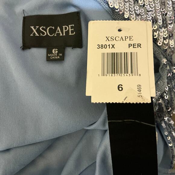 XSCAPE Sequined Midi Sheath Cocktail Dress Blue Size 6 Sleeveless V-Neck - Picture 10 of 14